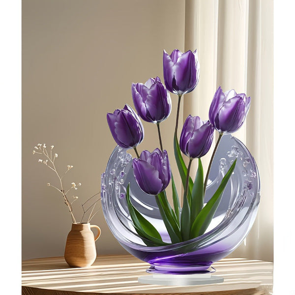 2 Pcs Charming Purple Tulip 2D Acrylic Ornament Flat Floral Tabletop Art Decor Accent Ornaments & Statues