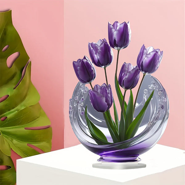 2 Pcs Charming Purple Tulip 2D Acrylic Ornament Flat Floral Tabletop Art Decor Accent Ornaments & Statues