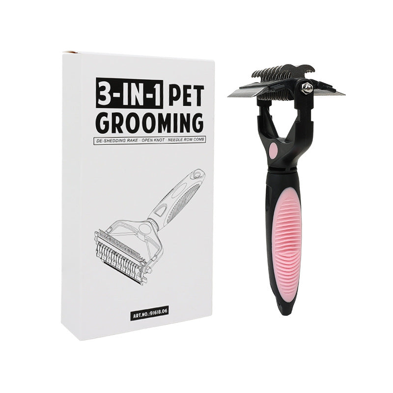 Pink And Black Professional 3 In 1 Pet Grooming Tool Dematting Rake Deshedding Comb & Finishing Brush For Dogs Cats Dog Grooming