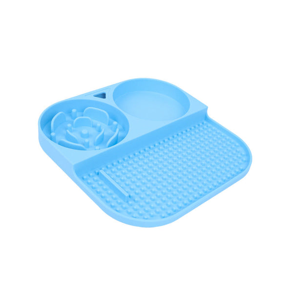 2 Pcs Blue 3 In 1 Silicone Pet Slow Feeder & Lick Mat With Water Bowl Non Slip Design For Dogs Cats Dog Feeding Mats
