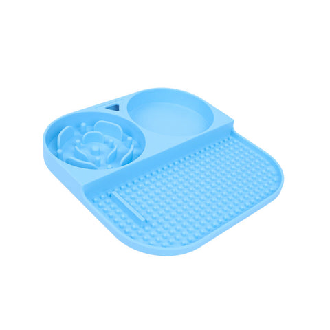 2 Pcs Blue 3 In 1 Silicone Pet Slow Feeder & Lick Mat With Water Bowl Non Slip Design For Dogs Cats Dog Feeding Mats