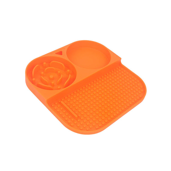 2 Pcs Orange 3 In 1 Silicone Pet Slow Feeder & Lick Mat With Water Bowl Non Slip Design For Dogs Cats Dog Feeding Mats