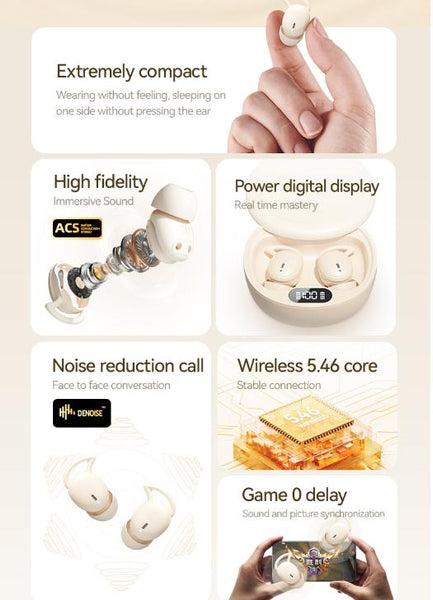 Beige Ultra Comfort Wireless Sleep Bluetooth 5.4 Hi Res Audio Noise Isolating 60H Playtime For Side Sleepers Earbuds