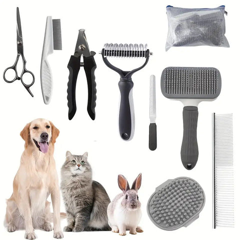 Grey Professional 9 Piece Pet Grooming Kit Deshedding Brushes Nail Clippers Combs & Scissors Set For Dogs Cats & Rabbits With Storage Bag Dog Grooming
