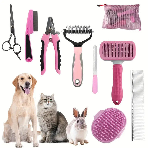 Pink Professional 9 Piece Pet Grooming Kit Deshedding Brushes Nail Clippers Combs & Scissors Set For Dogs Cats Rabbits With Storage Bag Dog Grooming