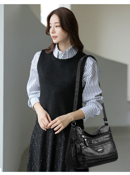 Black Women's Soft Washed Pu Leather Crossbody Bag Multi Pocket Casual Shoulder Purse For Everyday Organization Women's Bags & Handbags