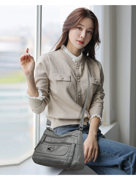 Grey Women's Soft Washed Pu Leather Crossbody Bag Multi Pocket Casual Shoulder Purse For Everyday Organization Women's Bags & Handbags