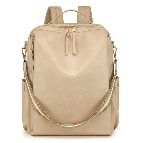 Beige Women's Vintage Pu Leather Anti Theft Backpack Convertible Shoulder Bag & Laptop Rucksack For Travel Daily Use Women Backpacks