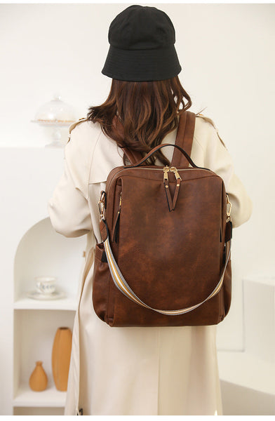 Beige Women's Vintage Pu Leather Anti Theft Backpack Convertible Shoulder Bag & Laptop Rucksack For Travel Daily Use Women Backpacks