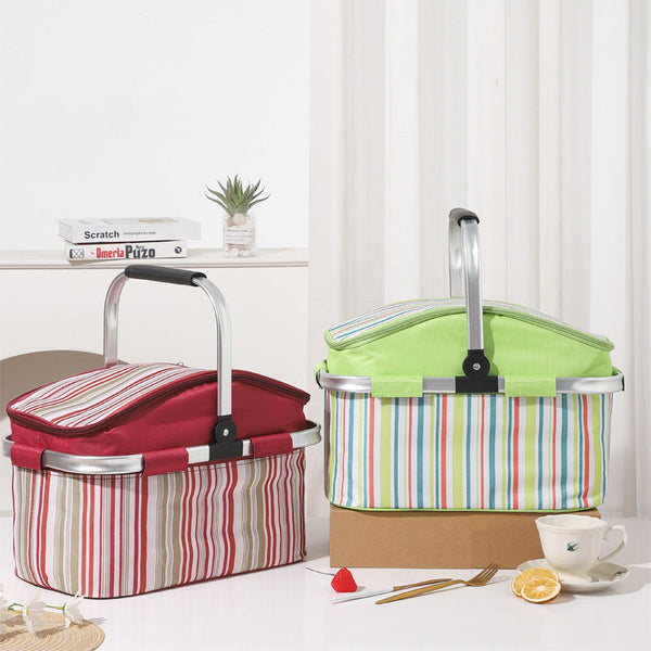 Red And Colored Stripes Large 27L Foldable Insulated Picnic Basket Cooler Bag Lightweight Thermal Hamper With Aluminum Handles Picnic Baskets & Backpa