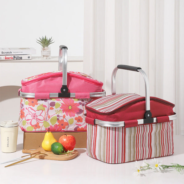 Red And Colored Stripes Large 27L Foldable Insulated Picnic Basket Cooler Bag Lightweight Thermal Hamper With Aluminum Handles Picnic Baskets & Backpa