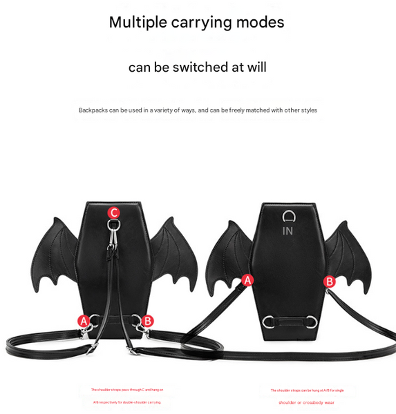 Rose Red Gothic Coffin Bat Wing Convertible Crossbody Bag Punk Leather Shoulder Purse & Mini Backpack Women's Bags & Handbags