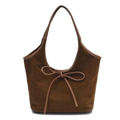 Brown Chic Retro Suede Finish Pu Leather Tote Bag Large Capacity Shoulder With Tie Accent Women's Bags & Handbags