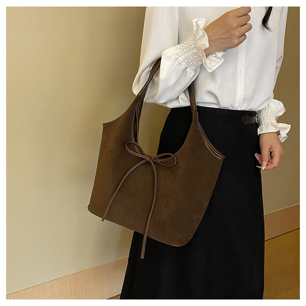 Brown Chic Retro Suede Finish Pu Leather Tote Bag Large Capacity Shoulder With Tie Accent Women's Bags & Handbags