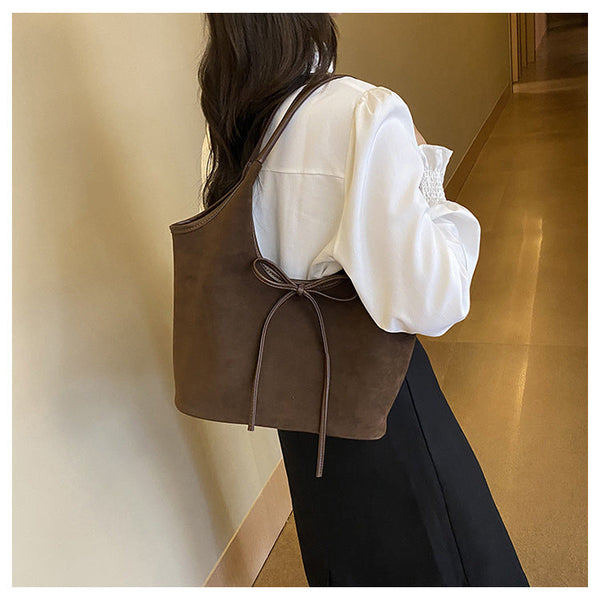 Brown Chic Retro Suede Finish Pu Leather Tote Bag Large Capacity Shoulder With Tie Accent Women's Bags & Handbags