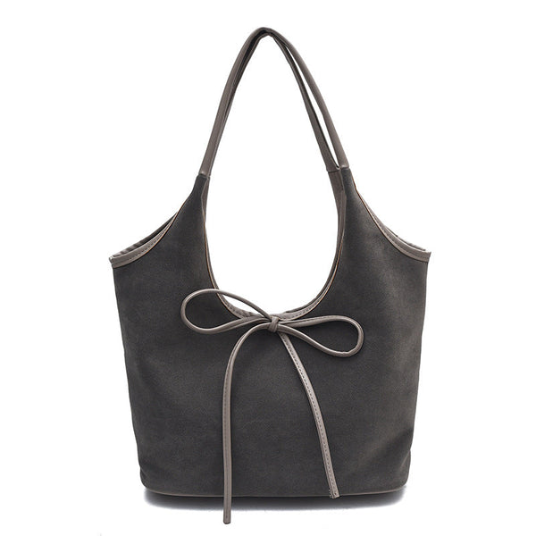Grey Chic Retro Suede Finish Pu Leather Tote Bag Large Capacity Shoulder With Tie Accent Women's Bags & Handbags
