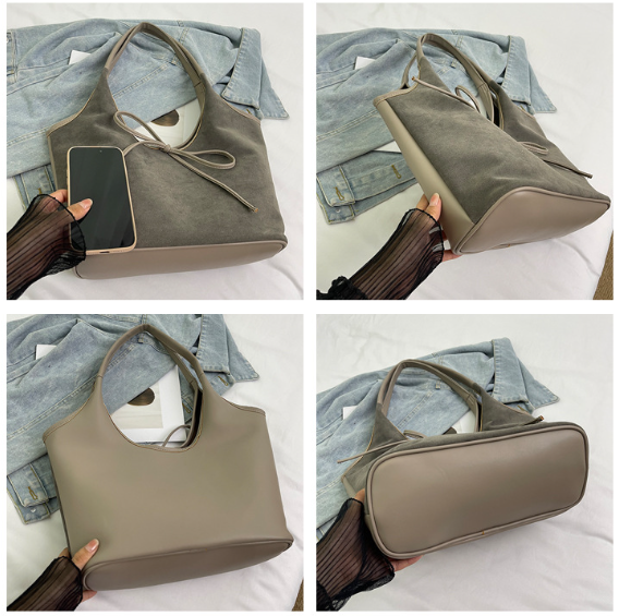 Grey Chic Retro Suede Finish Pu Leather Tote Bag Large Capacity Shoulder With Tie Accent Women's Bags & Handbags