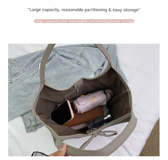Grey Chic Retro Suede Finish Pu Leather Tote Bag Large Capacity Shoulder With Tie Accent Women's Bags & Handbags