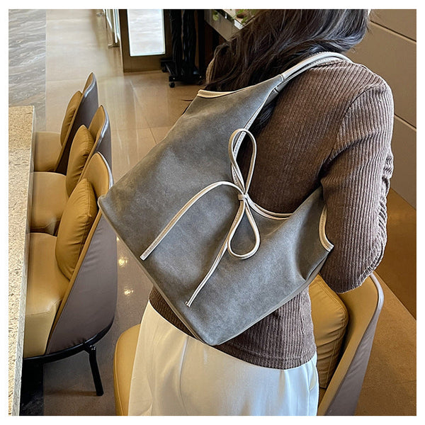 Grey Chic Retro Suede Finish Pu Leather Tote Bag Large Capacity Shoulder With Tie Accent Women's Bags & Handbags