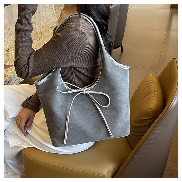Grey Chic Retro Suede Finish Pu Leather Tote Bag Large Capacity Shoulder With Tie Accent Women's Bags & Handbags