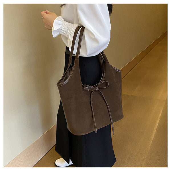 Coffee Chic Retro Suede Finish Pu Leather Tote Bag Large Capacity Shoulder With Tie Accent Women's Bags & Handbags