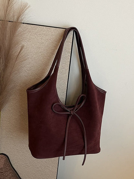 Chic Retro Suede Finish Pu Leather Tote Bag Large Capacity Shoulder With Tie Accent Claret Red Women's Bags & Handbags