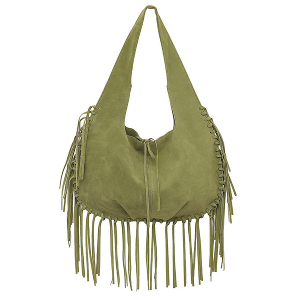 Green Boho Chic Fringed Hobo Bag Large Capacity Soft Faux Suede Shoulder Tote With Tassel Detail Women's Bags & Handbags