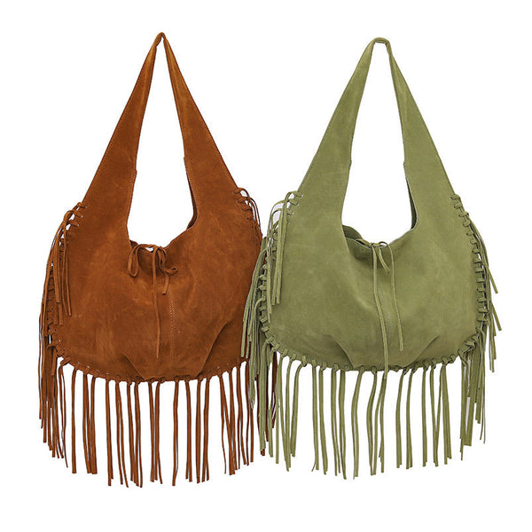 Green Boho Chic Fringed Hobo Bag Large Capacity Soft Faux Suede Shoulder Tote With Tassel Detail Women's Bags & Handbags