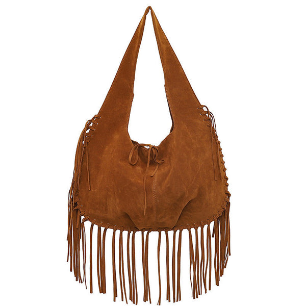 Brown Boho Chic Fringed Hobo Bag Large Capacity Soft Faux Suede Shoulder Tote With Tassel Detail Women's Bags & Handbags