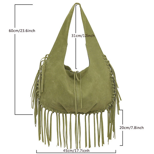 Brown Boho Chic Fringed Hobo Bag Large Capacity Soft Faux Suede Shoulder Tote With Tassel Detail Women's Bags & Handbags
