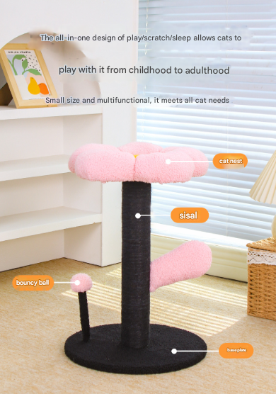 Red And Black Adorable Flower Cat Tree Plush Perch Sisal Scratching Post & Spring Ball Toy Furniture & Scratchers