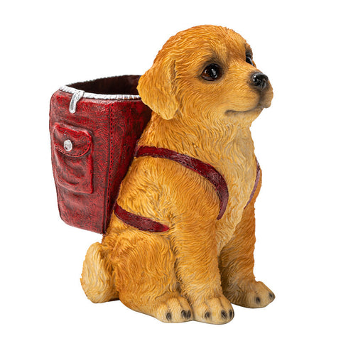 Red Backpack Charming Golden Retriever Puppy Pen Holder Resin Desktop Organizer & Decorative Figurine Pen Holders