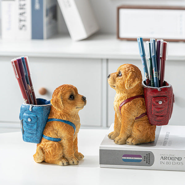 Red Backpack Charming Golden Retriever Puppy Pen Holder Resin Desktop Organizer & Decorative Figurine Pen Holders