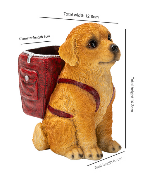Red Backpack Charming Golden Retriever Puppy Pen Holder Resin Desktop Organizer & Decorative Figurine Pen Holders