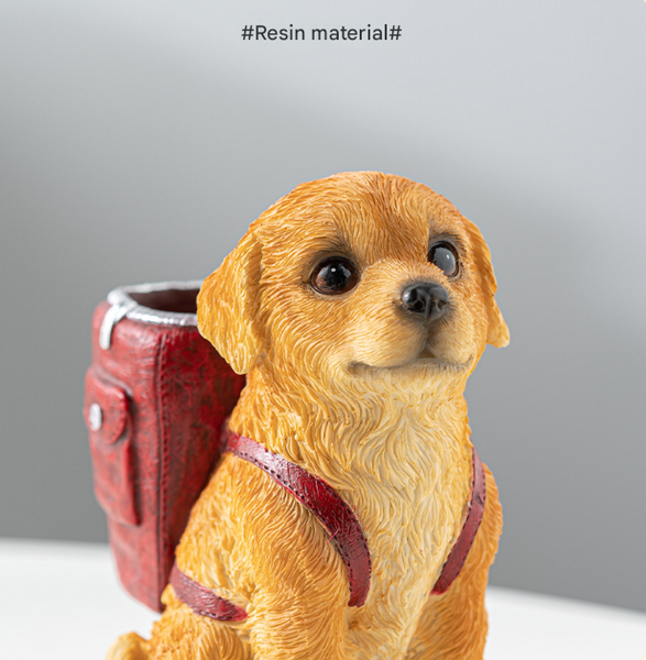 Red Backpack Charming Golden Retriever Puppy Pen Holder Resin Desktop Organizer & Decorative Figurine Pen Holders
