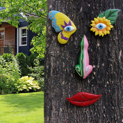Colorful Vibrant Resin Tree Face Art 4 Piece Whimsical Outdoor Garden & Wall Decor Set Seasonal Decorations