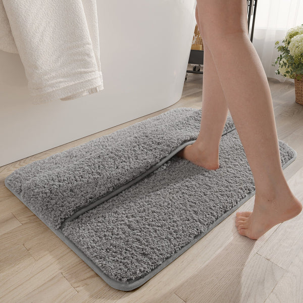 Grey Ultra Absorbent Plush Bath Mat Non Slip Bathroom Rug With Innovative Foot Drying Pocket Bath Mats Rugs & Toilet Covers