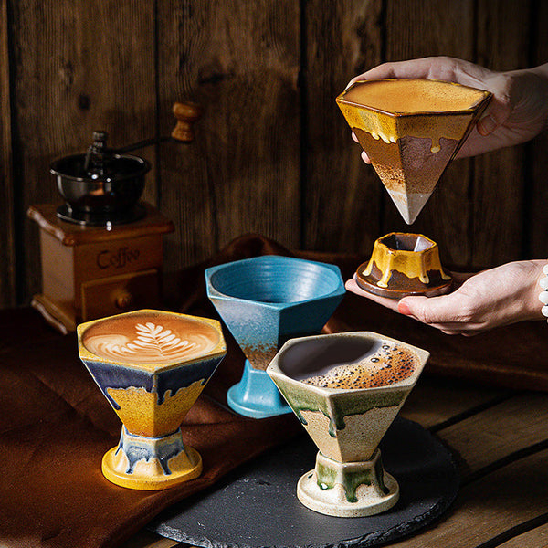 Brown And Gold Artistic Hexagonal Ceramic Coffee Cup & Stand Set 180Ml Nordic Design Drip Glaze Mug Cups & Saucers