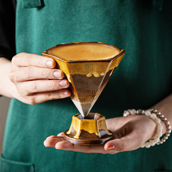 Brown And Gold Artistic Hexagonal Ceramic Coffee Cup & Stand Set 180Ml Nordic Design Drip Glaze Mug Cups & Saucers