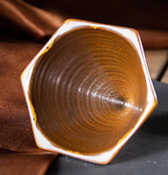 Brown And Gold Artistic Hexagonal Ceramic Coffee Cup & Stand Set 180Ml Nordic Design Drip Glaze Mug Cups & Saucers