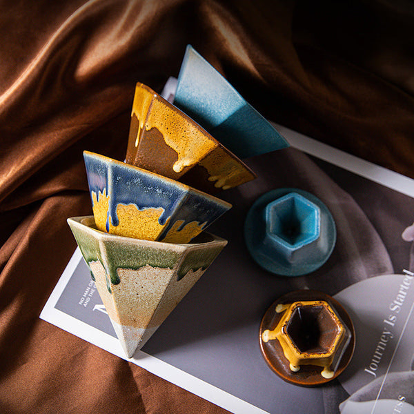 Blue And Brown Artistic Hexagonal Ceramic Coffee Cup & Stand Set 180Ml Nordic Design Drip Glaze Mug Cups & Saucers