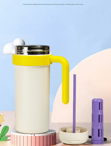 Beige And Yellow 700Ml Insulated Stainless Steel Tumbler With Handle Dual Sip Lid Straw & Tea Infuser Vacuum Flasks & Mugs
