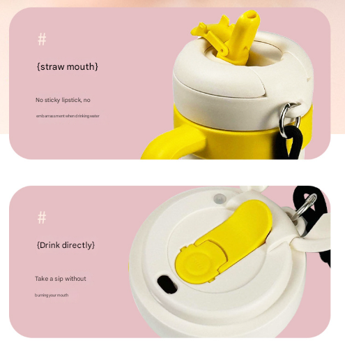 Beige And Yellow 700Ml Insulated Stainless Steel Tumbler With Handle Dual Sip Lid Straw & Tea Infuser Vacuum Flasks & Mugs