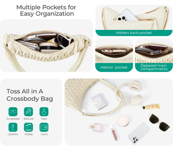 Black Chic Pleated Crescent Sling Bag Water Resistant Lightweight Crossbody & Shoulder Purse Women's Bags & Handbags