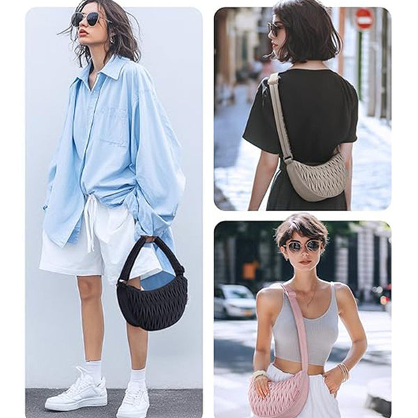 Beige Chic Pleated Crescent Sling Bag Water Resistant Lightweight Crossbody & Shoulder Purse Women's Bags & Handbags