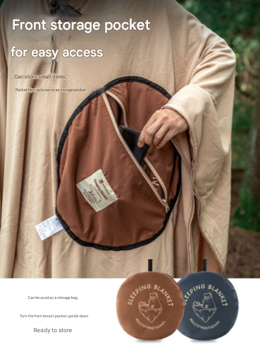 Khaki Cozy 4 In 1 Wearable Fleece Poncho Sleeping Bag Multifunctional Camping Blanket With Detachable Hood Blankets