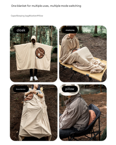 Khaki Cozy 4 In 1 Wearable Fleece Poncho Sleeping Bag Multifunctional Camping Blanket With Detachable Hood Blankets