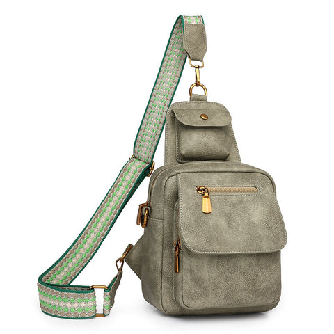 Green Stylish Pu Leather Sling Crossbody Bag For Women Multi Pocket Chest Pack With Adjustable Wide Strap Women's Bags & Handbags