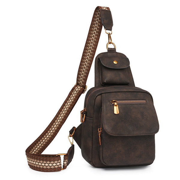 Coffee Stylish Pu Leather Sling Crossbody Bag For Women Multi Pocket Chest Pack With Adjustable Wide Strap Women's Bags & Handbags