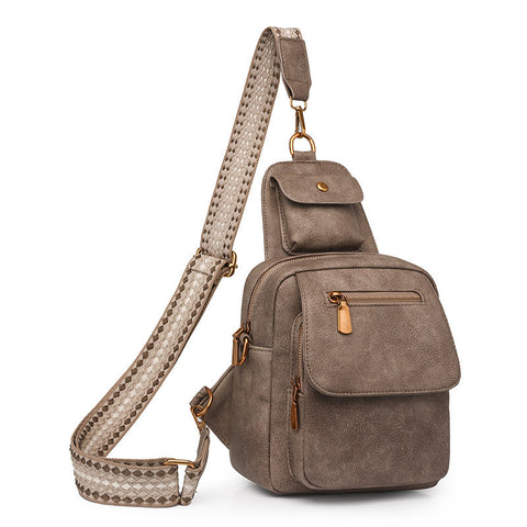 Khaki Stylish Pu Leather Sling Crossbody Bag Women Multi Pocket Chest Pack With Adjustable Wide Strap Women's Bags & Handbags